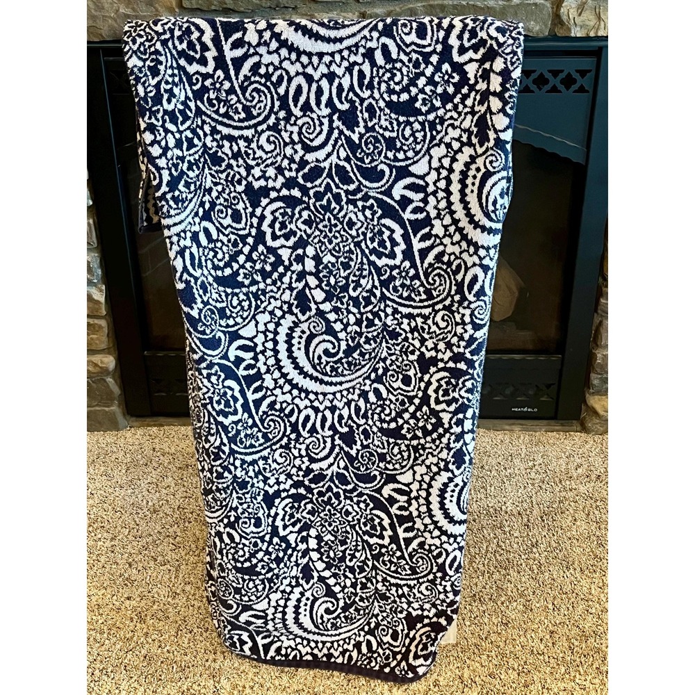 Vintage Ralph Lauren Home Bath Towel Navy White Paisley Reversible Cotton 55x28